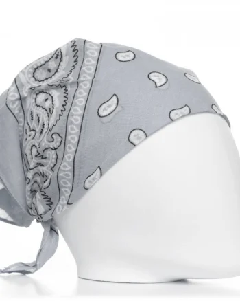 Bandana tip batic patrat cu imprimeu alb pe fond gri deschis