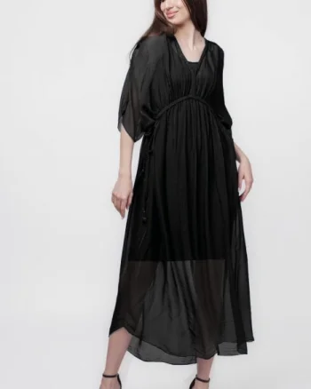 Rochie   Goddess   din matase si vascoza cu snur impletit pe decolteu si talie, neagra