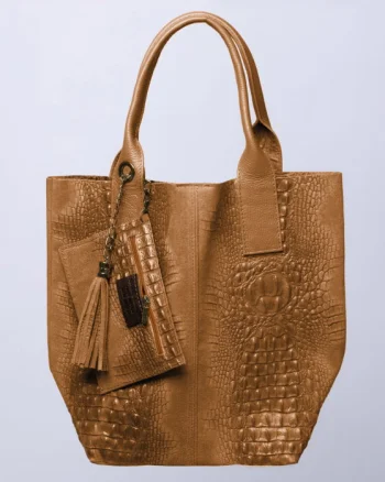 Geanta shopper camel inchis din piele intoarsa naturala