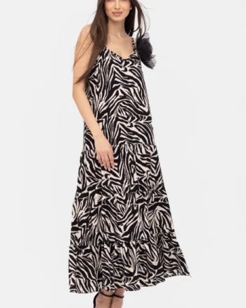 Rochie cu volane si bretelute, lunga, animal print alb-negru