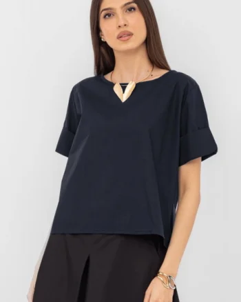 Bluza din poplin satinat de bumbac  cu nasturi pe spate, bleumarin
