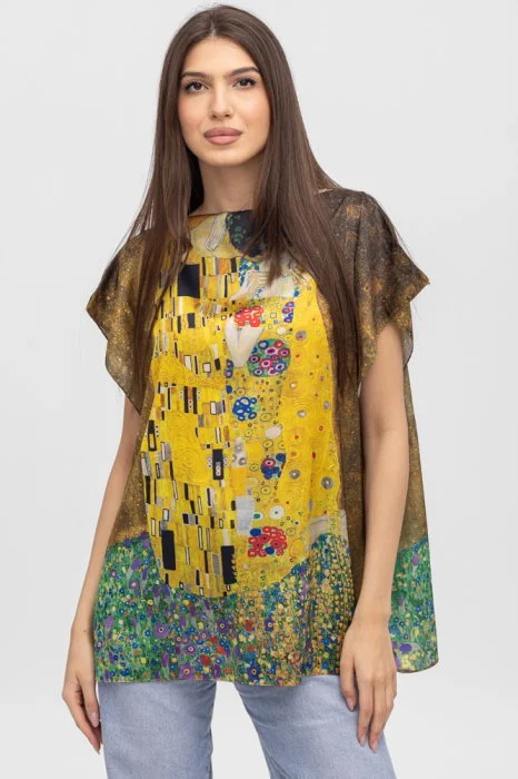Bluza de vara tip poncho din matase cu reproducere dupa   Sarutul    de Gustav Klimt