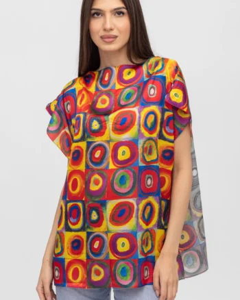 Bluza de vara tip poncho din matase cu reproducere dupa pictura lui Kandinski, cercuri mari