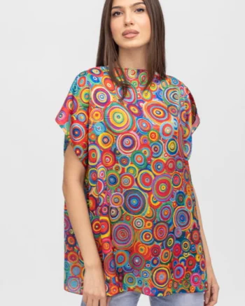 Bluza de vara tip poncho din matase cu reproducere dupa pictura lui Kandinski, cercuri mici