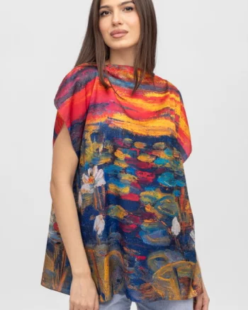 Bluza de vara tip poncho din matase  imprimata cu reproducere dupa picturi celebre