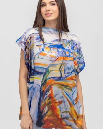Bluza de vara tip poncho din matase imprimata cu reproducere dupa picturi celebre
