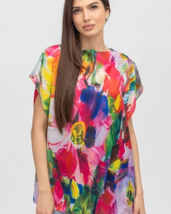 Bluza de vara tip poncho din matase cu imprimeu floral pensulat