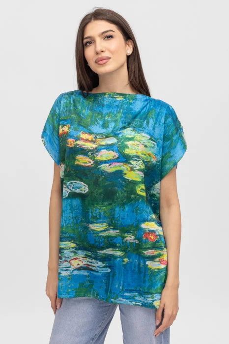 Bluza de vara tip poncho din matase cu imprimeu reproducere dupa    Nuferii   de Claude Monet