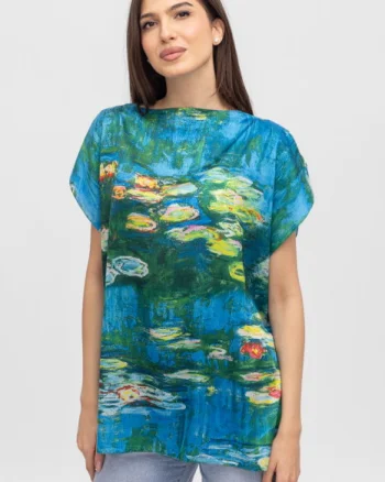 Bluza de vara tip poncho din matase cu imprimeu reproducere dupa    Nuferii   de Claude Monet