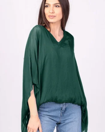 Bluza din matase si vascoza verde inchis, cu decolteu in V in fata si pe spate