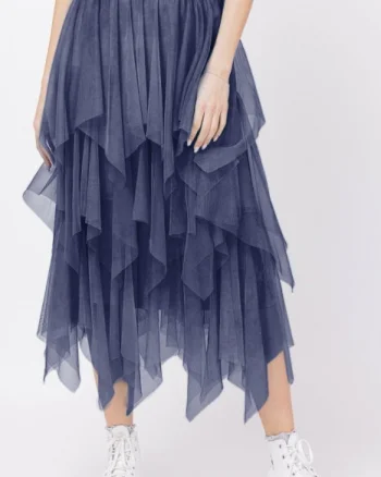 Fusta din tulle, in straturi inegale, lunga, bleumarin