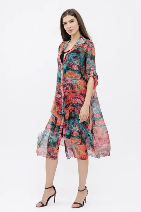 Rochie camasa A-line din matase si vascoza  cu dublura , imprimeu pictural cu rosu si turcoaz