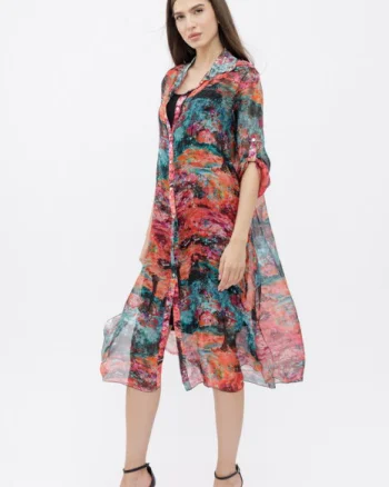 Rochie camasa A-line din matase si vascoza  cu dublura , imprimeu pictural cu rosu si turcoaz