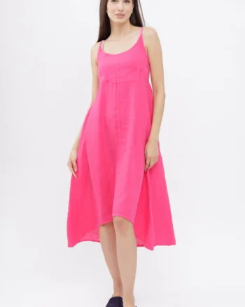 Rochie din in, cu bretele reglabile si elastic la spate, fucsia