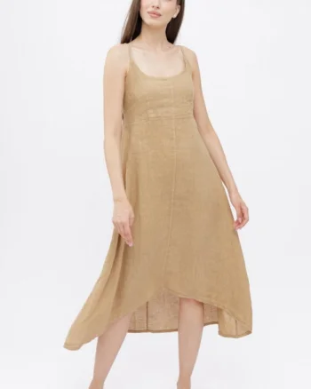 Rochie din in, cu bretele reglabile si elastic la spate, camel