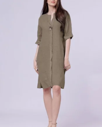 Rochie tunica din in bej inchis, cu nasture metalic decorativ