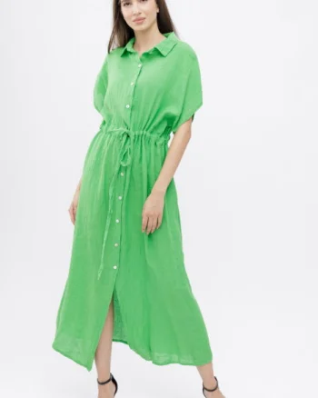 Rochie camasa, din in, cu snur in talie, verde deschis