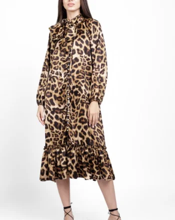 Rochie eleganta din satin, cu nasturei albi perlati si imprimeu animal print