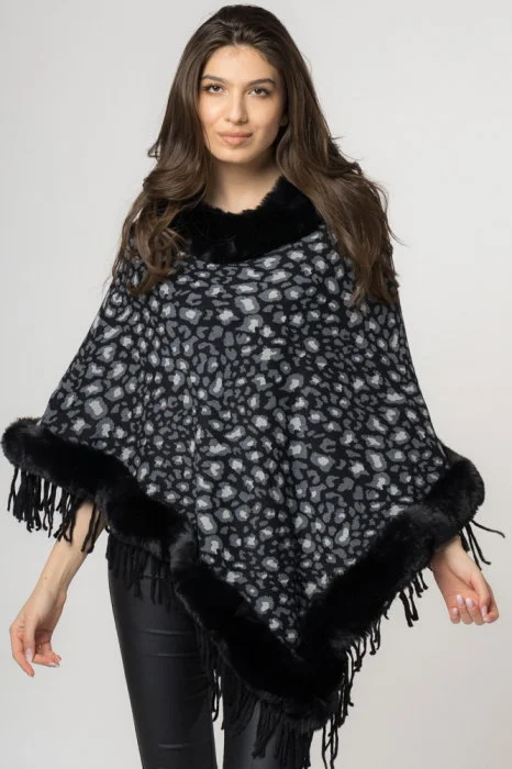 Poncho animal print negru, de oras tivit cu blana