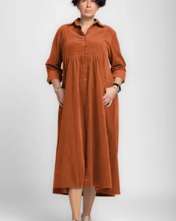Rochie camasa caramizie din catifea reiata, taiata in talie