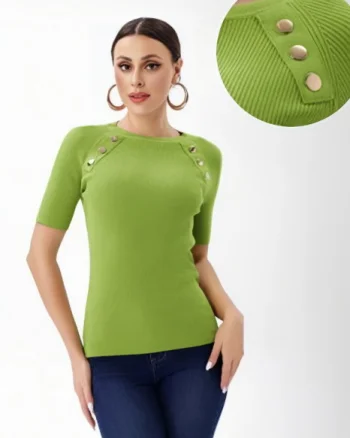 Pulover cu maneca scurta si nasturi metalici decorativi, verde olive