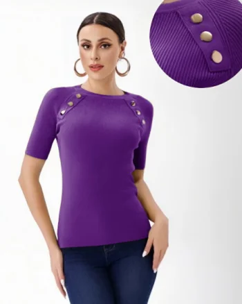 Pulover cu maneca scurta si nasturi metalici decorativi, mov