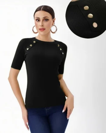 Pulover cu maneca scurta si nasturi metalici decorativi, negru