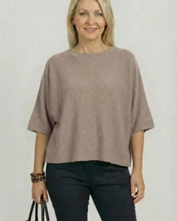 Pulover versatil cu maneca fluture din vascoza, bej inchis