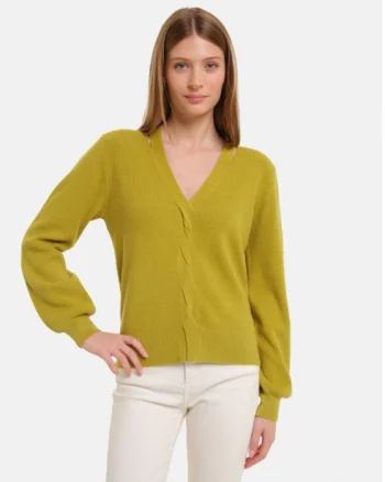 Pulover cu impletitura decorativa si decolteu in V, verde oliv