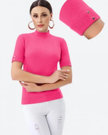 Helanca pulover cu maneca scurta, nasturei metalici si guler scurt, fucsia
