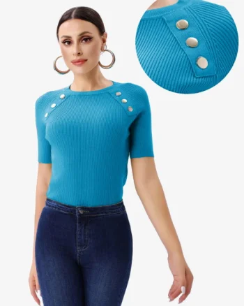 Pulover cu maneca scurta si nasturi metalici decorativi, albastru