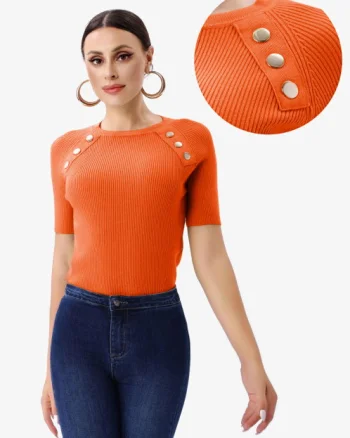 Pulover cu maneca scurta si nasturi metalici decorativi, portocaliu