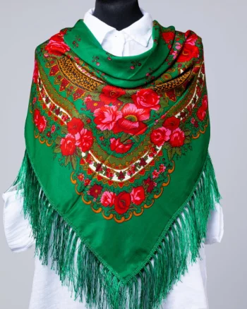 Esarfa gipsy patrata mare, tip Pavlovo Posad cu imprimeu floral traditional pe fond verde