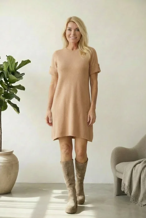 Rochie scurta A-line tricotata, cu maneca scurta si nasture decorativ, camel