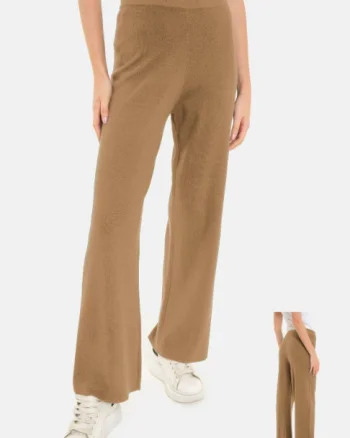 Pantaloni largi si drepti, casual, din tricotaj fin, camel