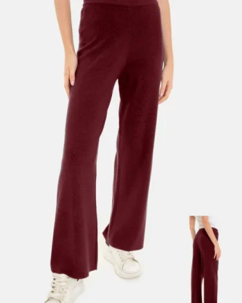 Pantaloni largi si drepti, casual, din tricotaj fin, bordo