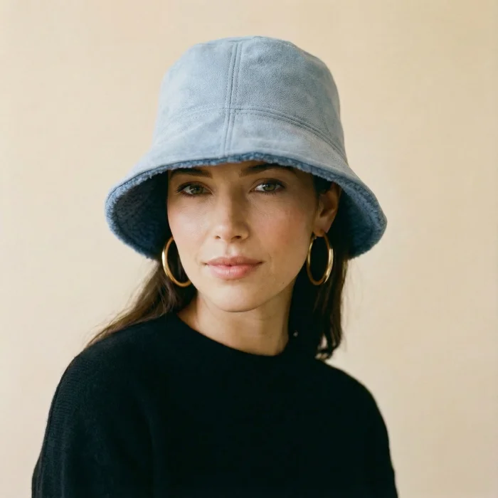 Palarie clos reversibila cu o fata blanita si o fata catifelata, albastru jeans