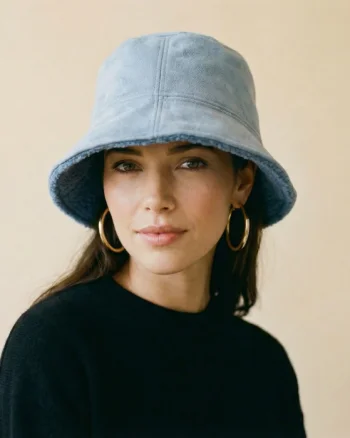 Palarie clos reversibila cu o fata blanita si o fata catifelata, albastru jeans