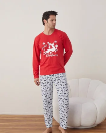 Pijama barbati de Craciun din bumbac, doua piese cu renul lui Mos Craciun