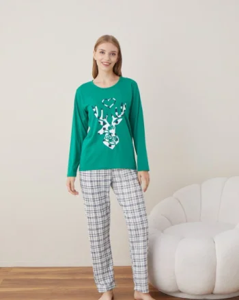 Pijama de Craciun din bumbac, doua piese cu Renul lui Mos Craciun pe verde