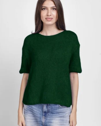 Pulover pufos cu maneca scurta, cu mohair si lana, verde inchis