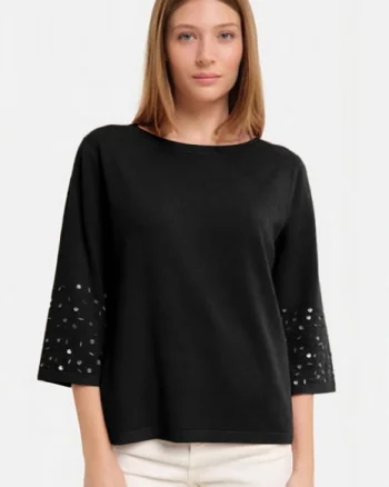Pulover maneca 3 4 cu aplicatii manuale din paiete si margelute, din tricotaj fin, negru