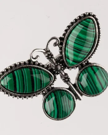 Brosa metalica argintie fluture cu pietre naturale din malachit