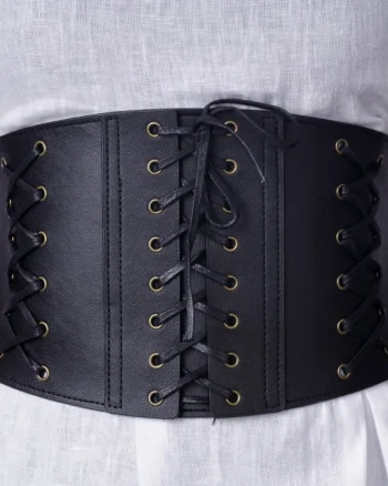 Centura corset lata din piele ecologica cu 3 randuri de sireturi si capse metalice auriu antichizat
