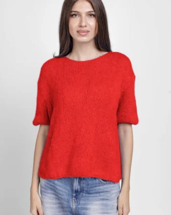 Pulover pufos cu maneca scurta, cu mohair si lana, rosu