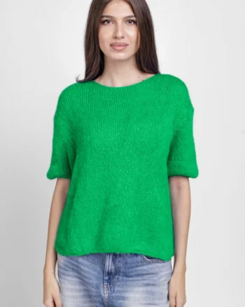 Pulover pufos cu maneca scurta, cu mohair si lana, verde