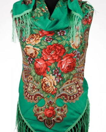 Esarfa gipsy patrata mare, tip Pavlovo Posad cu trandafiri pe fond verde aqua