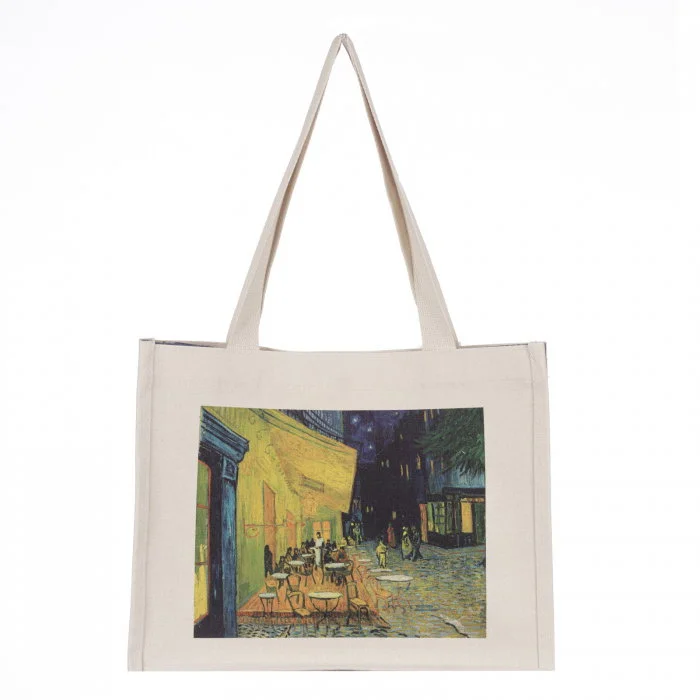 Geanta de umar din material textil cu imprimeu inspirat din pictura celebra    Cafeneaua   de Van Gogh