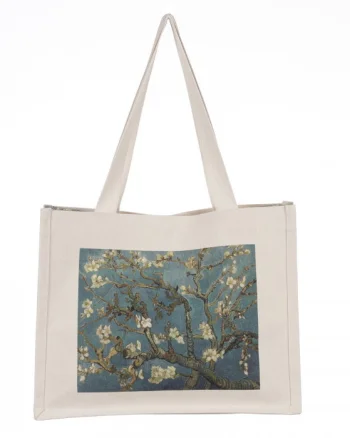 Geanta de umar din material textil cu imprimeu inspirat din pictura Migdal Inflorind a lui Van Gogh