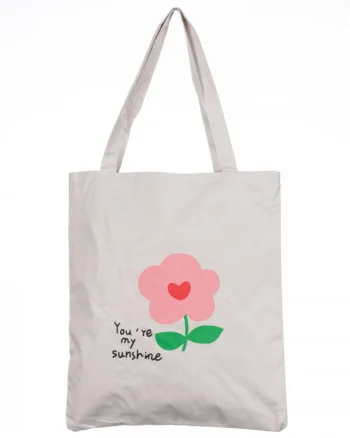 Geanta shopper din material textil, cu imprimeu floare si mesaj  You re my sunshine
